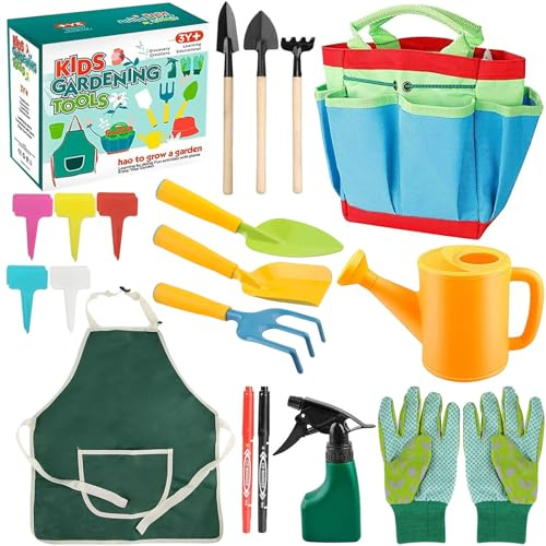 Set di attrezzi da giardinaggio per bambini, 23 attrezzi da giardinaggio, guanti da giardino per bambini, giocattoli per bambini con annaffiatoio pala rastrello, vanga, grembiule, giocattolo da