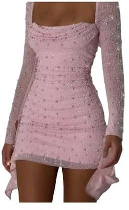 KWTF Vestido de Fiesta a la Cadera con Cuello Oblicuo de otoño, Vestido Sexi de Color sólido con diseño de Cuentas para uñas, Vestidos Cortos Ajustados de Manga Larga para Mujer