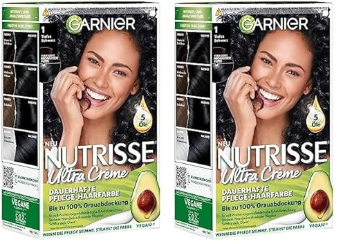 Garnier Nutrisse Dauerhafte Pflege-Haarfarbe mit nährenden Fruchtölen, Coloration mit 8 Wochen Halt, Ultra Crème Tönung, 10 Liquorice (Packung mit 2)