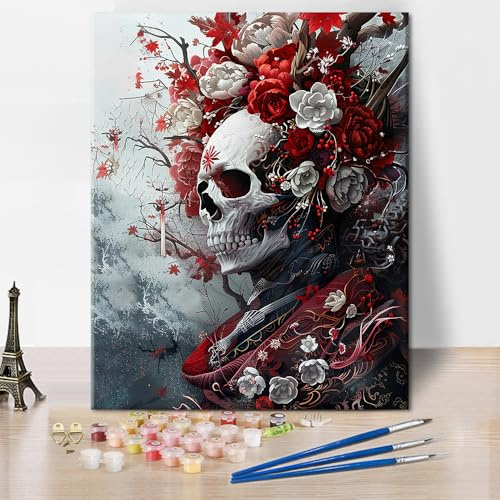 Dipingere con i numeri, adulti, teschi con fiori rossi, dipingere con i numeri, per adulti, pittura con i numeri, set di pittura a olio da 16 x 20 pollici, regalo per bambini e adulti