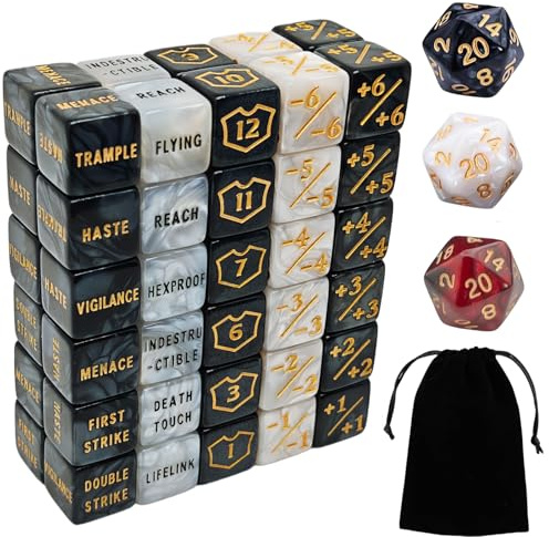 63 PCS MTG Counter Dice Set - AbilityKeyword Counters, -1/+1 Life Counter, Shield Life Counter Dice, Creature Stat Buffs, Marble Colour D6 Cube Dice, for MTG, TCG, Card Games (Includes Black Bag)