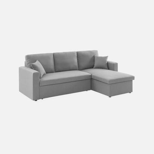 sweeek - Canapé d'angle Smile Convertible réversible Compact 3 Places en Tissu Gris Clair. L 213.5 x P 136.5 x H 83cm. avec Coffre de Rangement