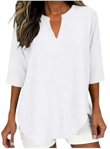 Camicia Donna in Lino Eleganti Estive Camicette Cotone Manica Corta Tinta Unita Bluse e Camicie Curvy Scollo a V Maglietta Loose T Shirt Oversize Leggera Abbigliamento Magliette alla Moda