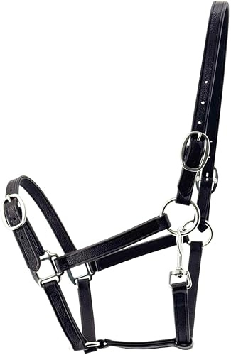 Horse Halters with Full Leather and Stainless Steel Hardware, Adjustable Headcollar, Black Color