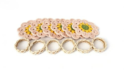 Altoriner Set of 4 Handmade Rustic Napkin Rings and Woven Coasters,Jute Boho Napkin Rings and Knit Boho Coasters for Table Settings, Weddings, and Kitchen Decor (4, Linen)