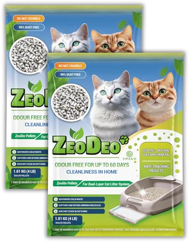 ZeoDeo- Granulés de litière pour Chats à la zéolite Naturelle pour systèmes de litière pour Chats à Double Couche -'''ZeoDeo''-Natural Zeolite Cat Litter Pellets (3.62 kg (Set 2 Packs X1.81 kg))