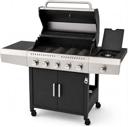 Barbecue a Gas Professionale XXL Da 19 kW con 6 Bruciatori in Acciaio Inox 304 Con Fuoco Laterale Termometro Coperchio Doppio Griglia Di Cottura 70 x 42 Cm Scaldavivande Ruote 140 × 50 × 120 Cm Nero
