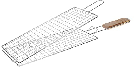 RUECAB 1079 - Griglia Doppia Estensibile per Barbecue, in Acciaio Inox, Manico in Legno, Color Argento, Dimensioni: 2 x 17 x 70 cm