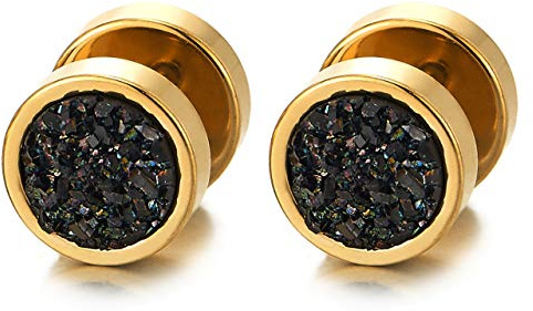 Uomo Donna 10MM Oro Acciaio Cerchio Orecchini con Nero Luccichio, Finto Dilatatore Fake Cheater Plug Gauges, 1 Paio