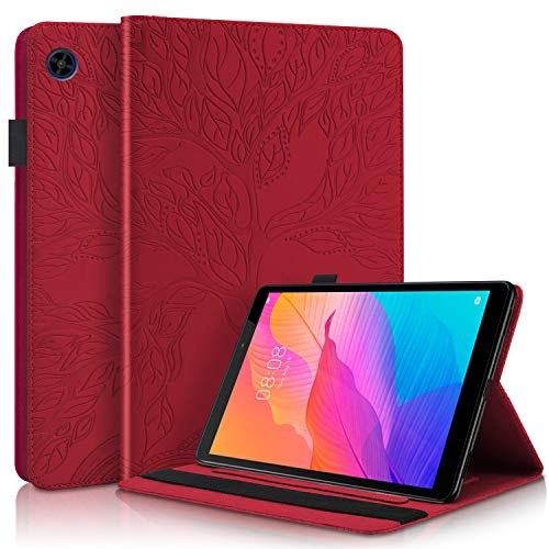 Aswant Huawei MatePad T8 Hülle PU Leder Geprägtes Baum Design Case Folio Flip Stand Funktion Tablet Schutzhülle mit Kartensteckplatz und Anti-Rutsch-Gürtel für Huawei MatePad T 8 8 Zoll 2020 rot