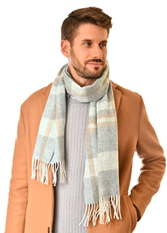 MayTree Kaschmir-Schal für Damen und Herren - Weicher Wollschal aus 100% Kaschmir, kariert, 180 x 30 cm - Luxuriöser Winter-Schal - Tartan Grau Beige