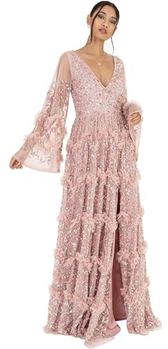 Maya Deluxe Damen Ladies Womens Maxi V Neckline Sequin With Ruffle Empire Waist Slit Split For Prom Ball Bridesm Dress, Frosted Pink, 36 EU