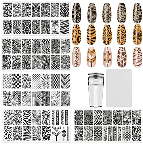 HYWWPFLAY 5Pcs Nail Stamping Plates Leopard Print Nail Stamps Nail Art Stamping Plates Nail Stencils Nail Plate Template Nail Art Stamping Kit Nails Accessories with 1 Nail Stamper, 1 Scraper