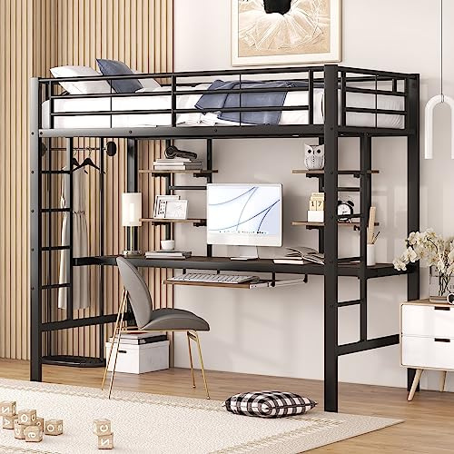 Azkoeesy Cama Alta de Metal con Escritorio, 90 x 200 cm, Cama Individual, con Escalera y barandilla, somier, Bandeja extraíble para Teclado, para Adolescentes y Adultos (Negro)