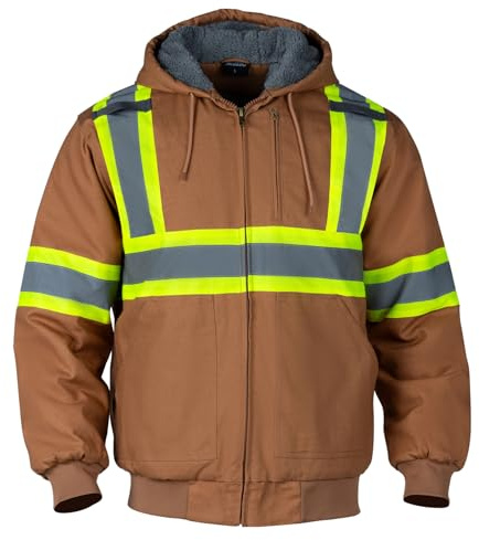 Sicalobo Men's High Visibility Work Jacket, Reflective Waterproof Cashmere Lining Canvas Cold Weather Jacket,Brown,5XL