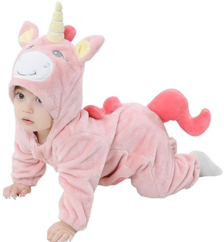 LOLANTA Unisex Barn Regnbåge Drake Dinosaurie Unicorn Kostym För Barn, Endelad Plyschdräkt med Huva för Barn, Rosenröd, 6-12 mesi