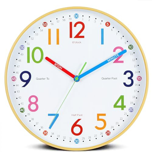 Nbdeal 12inch Learning Clock for Kids, Teaching Clock Kids Analog Colorful bedrooms Wall Clock Wood Grain Color ET-H4897