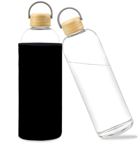 Bugudog Glasflasche 1 Liter, Trinkflasche 1l Glas aus Borosilikat Glas mit Schutzhülle, Wasserflasche Auslaufsicher für kalten Heiß Getränken, Glasflasche Karaffe Bambusbezug für Büro Schule Schwarz