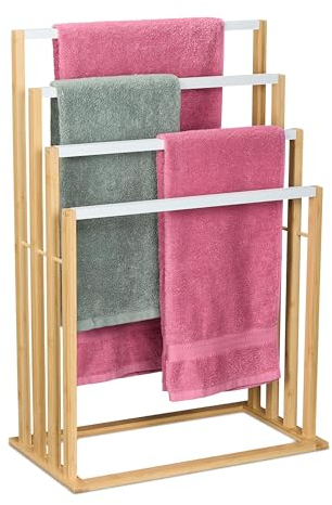 Relaxdays Porte-Serviettes en Bambou, 4 Barres en quinconce, H x L x P : 82 x 55 x 31 cm, Salle de Bain, Nature et Blanc