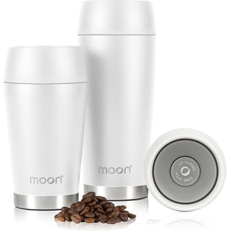 Moon 360° Travel Mugs - Leakproof Reusable Coffee Cup for Hot Drinks - Insulated Stainless Steel Thermal Mug, Fits Car Cup Holders (300ml, Powder Coat/White)