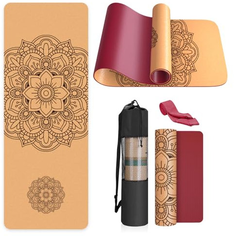 Haninj® Yogamatte-Kork, Rutschfest, Einzigartiges Design, Extradick Natürlicher Kork, TPE Fitness-Trainingsmatte mit Tragetasche und Gurt, für Zuhause, Pilates, Aerobic Fitnessstudio und Workout