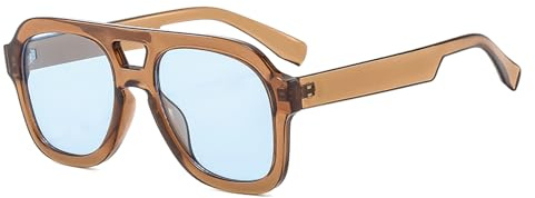 Long Keeper Retro Pilot Sunglasses for Men Women Double Bridge Aviation Square Sunglasses 70s Fashion Classic Sun Glasses Vintage Shades UV400 Protection (Clear Brown Frame/Blue Lens)