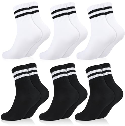 Utensilsto 6 pares de calcetines de tenis para niños 31-34, calcetines deportivos para niños y niñas, de algodón elástico, con rayas, calcetines deportivos para niños y niñas, negro y blanco, 31-34