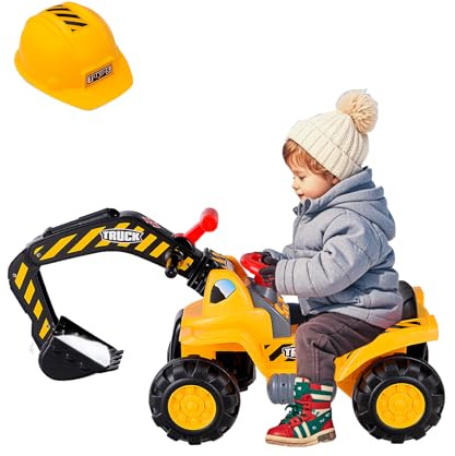 FANTASK Sitzbagger mit eingebautem Ablagefach, Kinderbagger mit Horn, Sandbagger, Rutscher Bagger, Schaufelbagger, Aufsitzbagger für Kinder ab 3 Jahren, inkl. 3 Steine und Helm