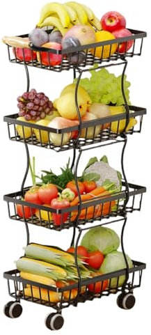 Corbeille à fruits pour cuisine, support de chariot en fil métallique mince avec poignée en bois et roulettes, étagère empilable pour le rangement des légumes, peut également être utilisée dans le sal