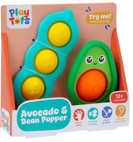 John Adams | Play Tots - Avocado & Bean Popper | Cute character popper toy encourages tactile stimulation, calmness and concentration | Baby and Toddler Toys | Ages 12m+