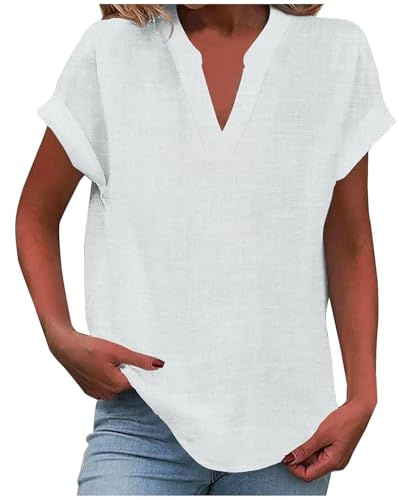 Chemisiers et Blouses Femme Tunique à Manches Courtes et Col en V | Blouses Femme avec Boutons Couleur Unie Coton Lin Tee Shirt Femme
