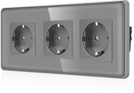 CNBINGO Enchufe triple de cristal empotrado, triple enchufe Schuko con placa de cristal curvado de 2,5D, 16 A, protección de contacto, enchufe de pared con seguridad para niños, 3 enchufes, color gris