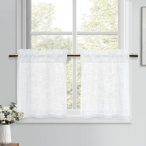 DWCN Petit Rideaux Court Cuisine Blanc 45 x 60 cm (H x l) Brise-bise Rideau Voilage Fenetre Décoration Intérieure Moderne Semi-Transparent de Style Lin pour Evier Placard Fenetre Salon 2 Panneaux