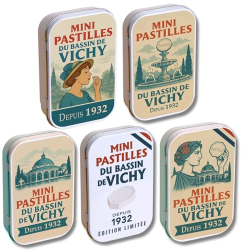 Mini Pastilles du Bassin de Vichy – Pack Collector Rétro | 5 Boîtes Métal Vintage | Recette Originale 1932 – 5 x 60g