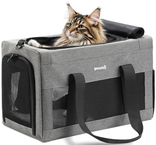 Pecute Sac de Transport pour Chat XL, Cadre Ultra Stable, Pliable, Sac Transport Chat Chien Portable, Écurie Sac de Transport pour Animaux de Compagnie Gris