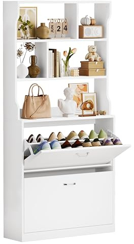 IRONCK Schuhschrank mit 2 Klappen, Schuhkipper Schmal, Schuhregal mit offenes Fach, Hohe Schuhaufbewahrung Holz Schuhkommode mit verstellbaren Trennwände für Flur Eingang Wohnzimmer, 80x24x165cm, Weiß