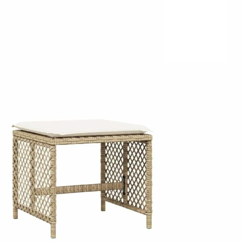 Lot de 4 tabourets de jardin avec coussins - Beige - 41 x 41 x 36 cm - En rotin synthétique - Résistant aux intempéries - Rembourré - Empilables - Pour extérieur, balcon, terrasse, véranda, salon