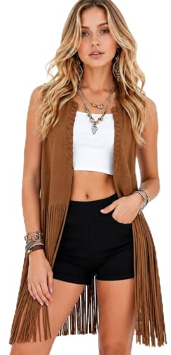 Womens Fringe Waistcoat, Faux Suede Open Front Tassel Vest, Sleeveless Long Cardigan for Cowgirl Western Outfits, Versatile All-Season Festival & Casual Wear (UK, Alpha, XXL, Regular, Regular, Khaki)