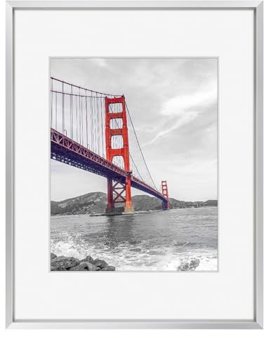 Frametory, Marco de fotos de aluminio de 11 x 14 pulgadas con paspartú de color marfil para fotos de 8 x 10 pulgadas y cristal real, colección de marcos de metal (plateado, 1 unidad)