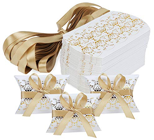 HSEAMALL 50 Stück Kissenschachtel Geschenkboxen Geschenkbox Kissen Form Süßigkeiten Box für Weihnachten Hochzeit Geburtstag Party Golddruck