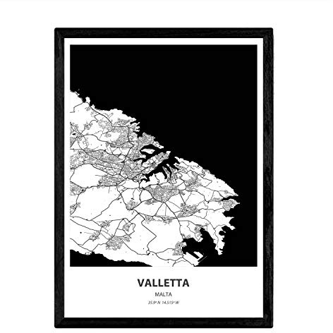 Nacnic Poster Mappa di La Valletta - Malta. Fogli Città in Europa con Mari e fiumi, in Colore Nero. Formato A3