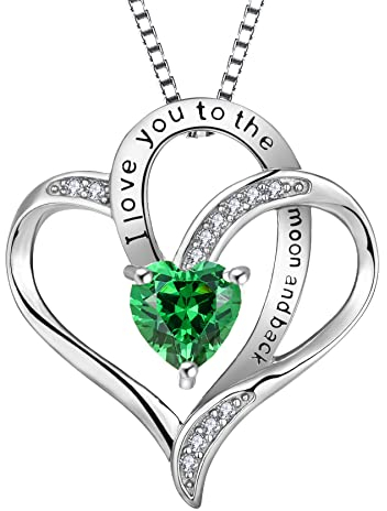 YL Herz Halskette 925 Sterling Silber Schliff Mai Geburtsstein Grüner Zirkonia Gravur I love you to the moon and back Anhänger für Damen,Kette 45+3CM