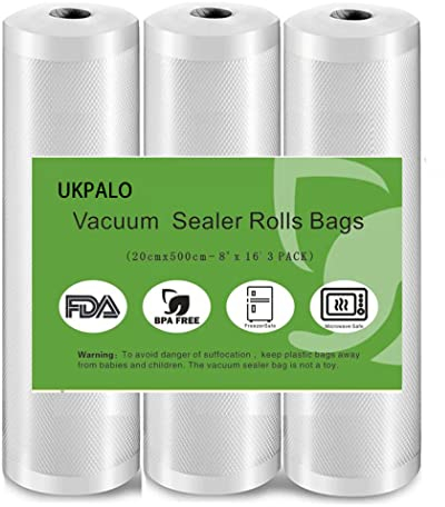UKPALO Vakuumierfolie Beutelrollen zum Lebensmittel Vakuumverpacken,3 Packung 20cm x 5m Vakuumrollen，4 mm dick BPA-frei, ideal für Vac Seal Lagerung und Sous Vide Kochen