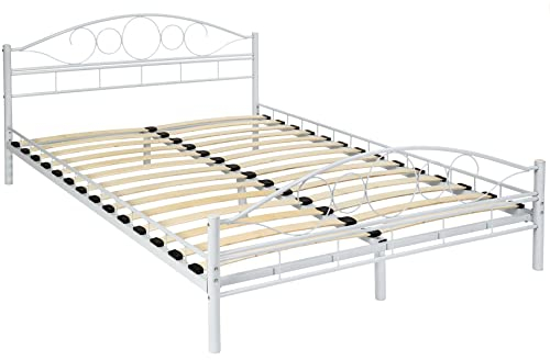 tectake® Metallbett, Bettgestell mit Lattenrost, Einzelbett, Doppelbett aus Metall, Bettrahmen mit Kopfteil Bett für Schlafzimmer, Gästezimmer, Gästebett, Jugendzimmer - 200 x 140 cm, weiß/weiß