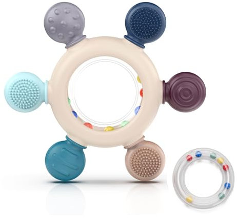 akolik Beißring Baby, BPA-frei Zahnungshilfe aus Silikon, Baby Spielzeug ab 0 3 6 9 Monate, Beissring Babys, Rassel Ruder Greifling Beißspielzeug, Erstausstattung Neugeborene, Geschenk Mädchen Junge