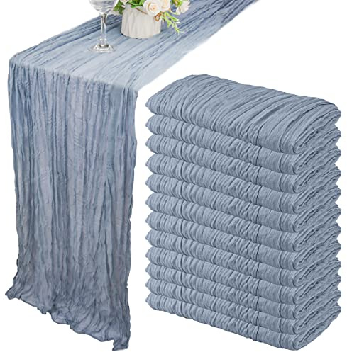 12 Pack 10Ft Cheesecloth Table Runner 35x120 Inch Boho Gauze Table Runner Rustic Cheese Cloth Long Romantic Table Runners for Wedding Bridal Shower Birthday Party Table Decor (Dusty Blue)