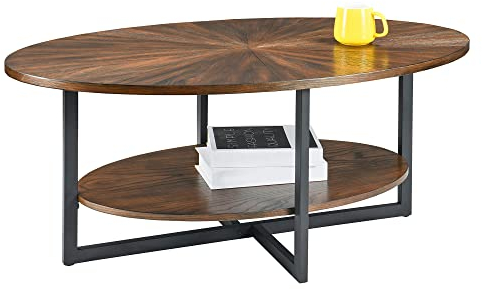 PADMA HOUSE Runder Couchtisch aus massivem Holz, Wohnzimmertisch Sofatisch Metallgestell, 2-stöckiger Kaffeetisch Loungetisch, Einfacher Aufbau für Wohnzimmer Vintage Braun