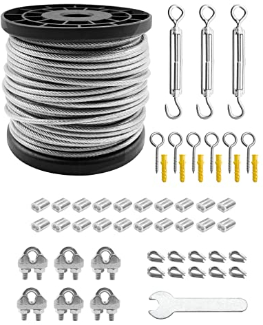 3mm 30M Rankhilfe Drahtseil 304-Edelstahl Stahlseil, PVC-ummantelt 3mm Stahldraht 2mm 3x Spannschloss M5 Haken Öse, 10 X Drahtseil kauschen, 20x Drahtseilklemmen, 6*Bügelklemmen M3, 53 tlg