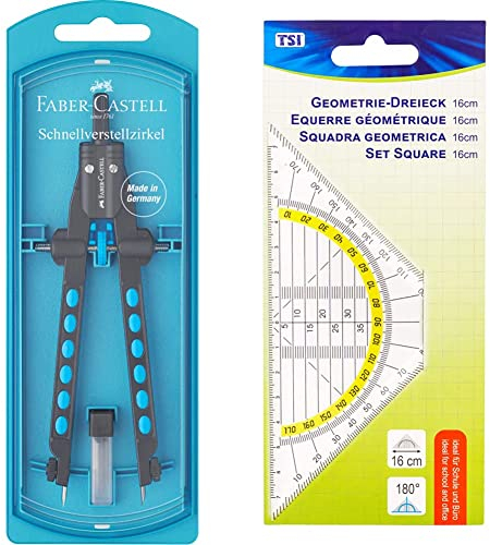 Faber-Castell 174340 - Schnellverstell Zirkel, Factory, blau, 1 Stück & TSI Geometrie-Dreieck, 16 cm, transparent, Art. Nr. 46302