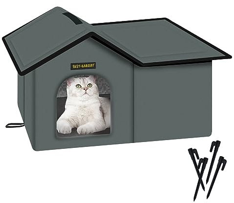 Rest-Eazzzy Cat House for Outdoor Cats, Weatherproof and Insulated Feral Cat House with Mat and Clip, Easy to Put Together, Selfwarming Cat Shelter for Winter(Grey, Waterproof House-L)